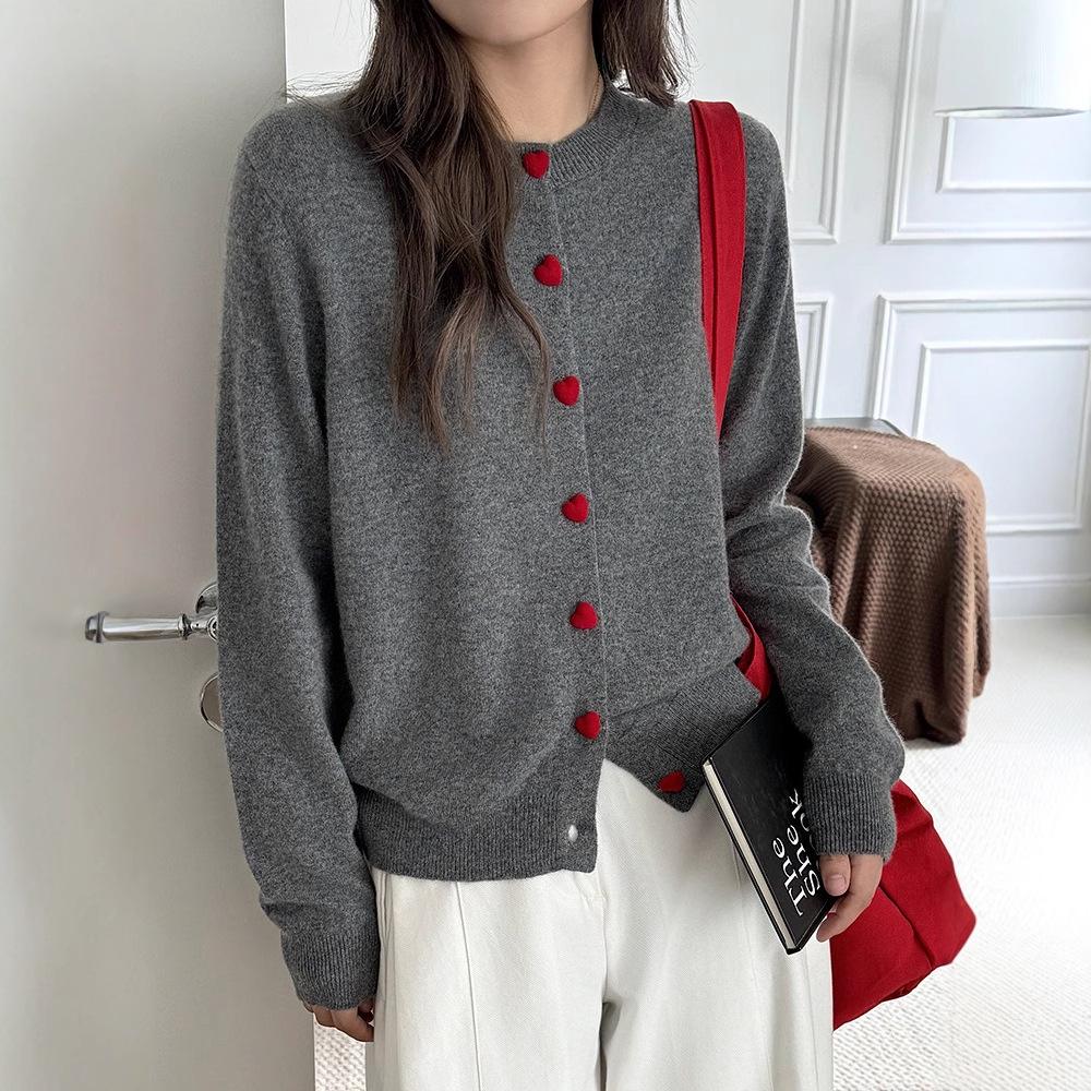 Women's Heart Button Wool Cashmere Cardigan - Round Neck, Autumn/Winter Versatile Sweater