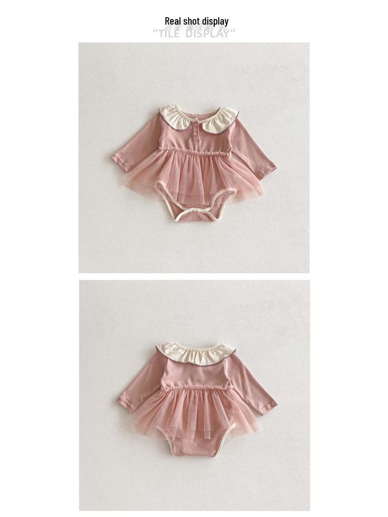 New Autumn Baby Girls' Long Sleeve Romper with Peter Pan Collar Mesh Bodysuit
