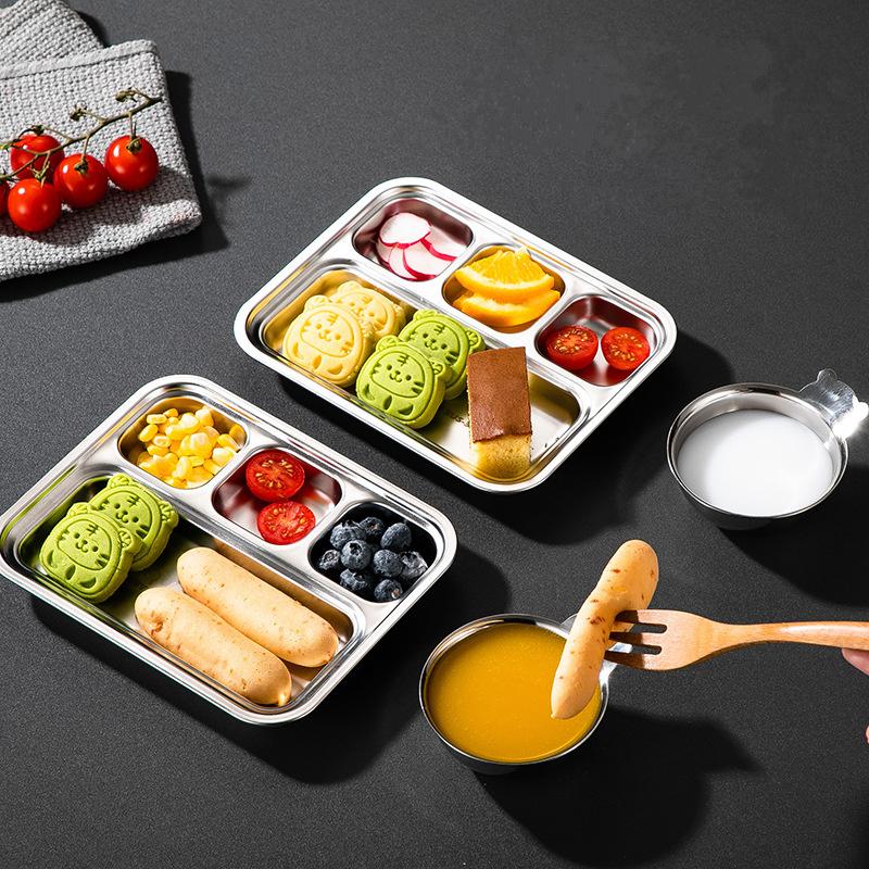 4 Grids 304 Stainless Steel Divided Dinner Tray Lunch Fruit Snack Container Food Plate for Students Canteen Restaurant Tableware