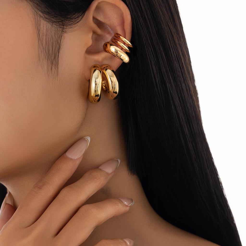 Metallic C-shaped Ear Cuff and Cartilage Clip Set - Fashionable Glossy Hollow Design