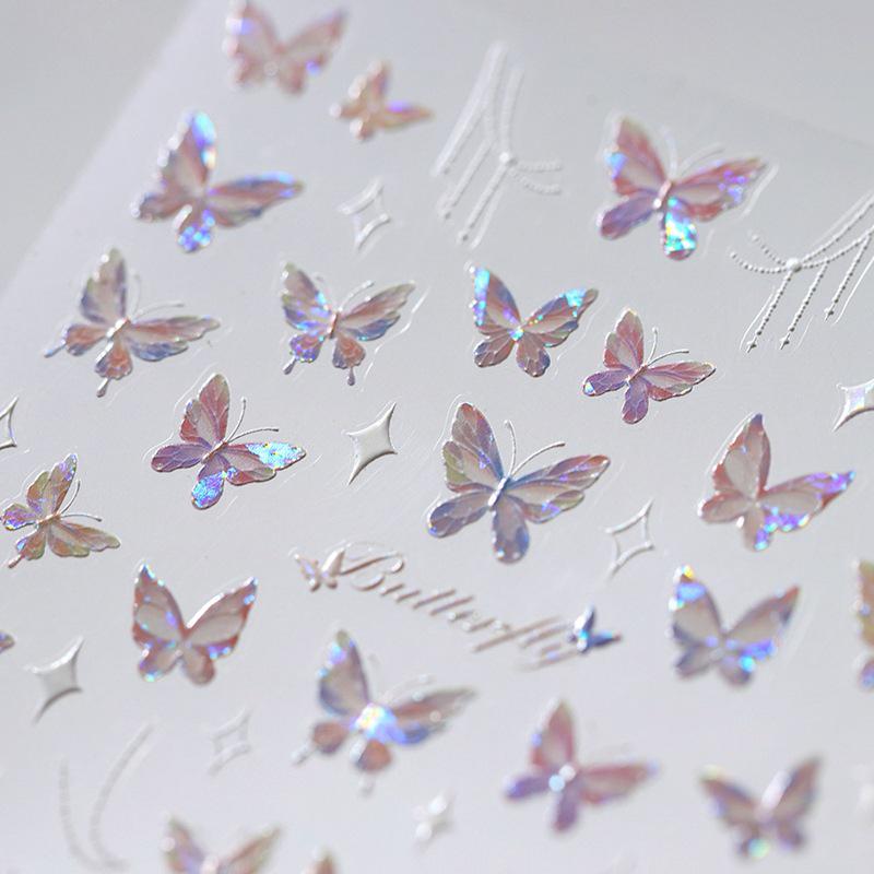 Aurora Butterfly 3D Nail Stickers: Embossed, Hot Stamping, Crushed Glass, Frosted Self-Adhesive Decorations