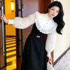 Women's Elegant French Retro Black & White Patchwork Lace Long Sleeve Autumn Dress with Waist-Cinched Slimming Design