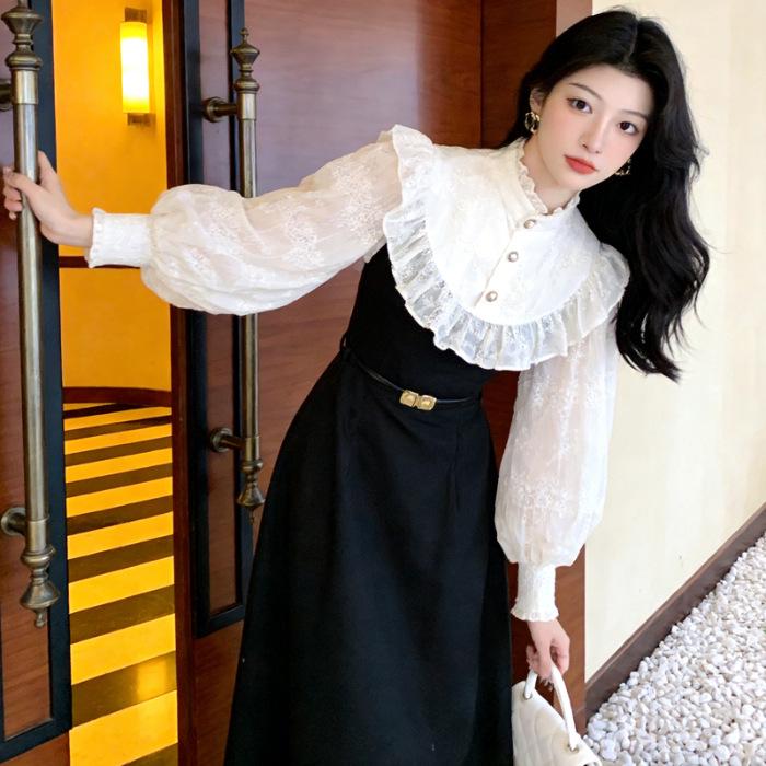 Women s Elegant French Retro Black & White Patchwork Lace Long Sleeve Autumn Dress with Waist-Cinched Slimming Design 2XL
