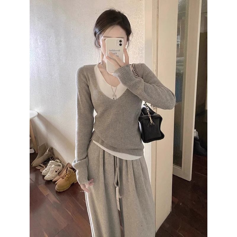 

V-neck Stitching Korean Style Inner Bottoming Top Fake Two-Piece Grey M