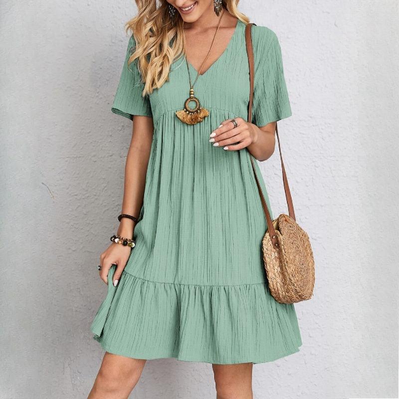QICED Abiti casual a vita alta con scollo a V a maniche corte con stampa tinta unita primavera estate moda donna