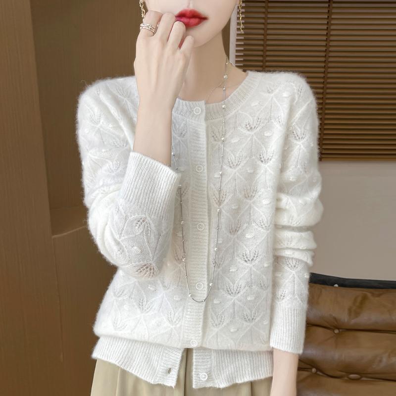 Autumn Winter Round Neck Hollowed Out Knitted Cardigan Women s Versatile Coat Loose Casual Sweater S