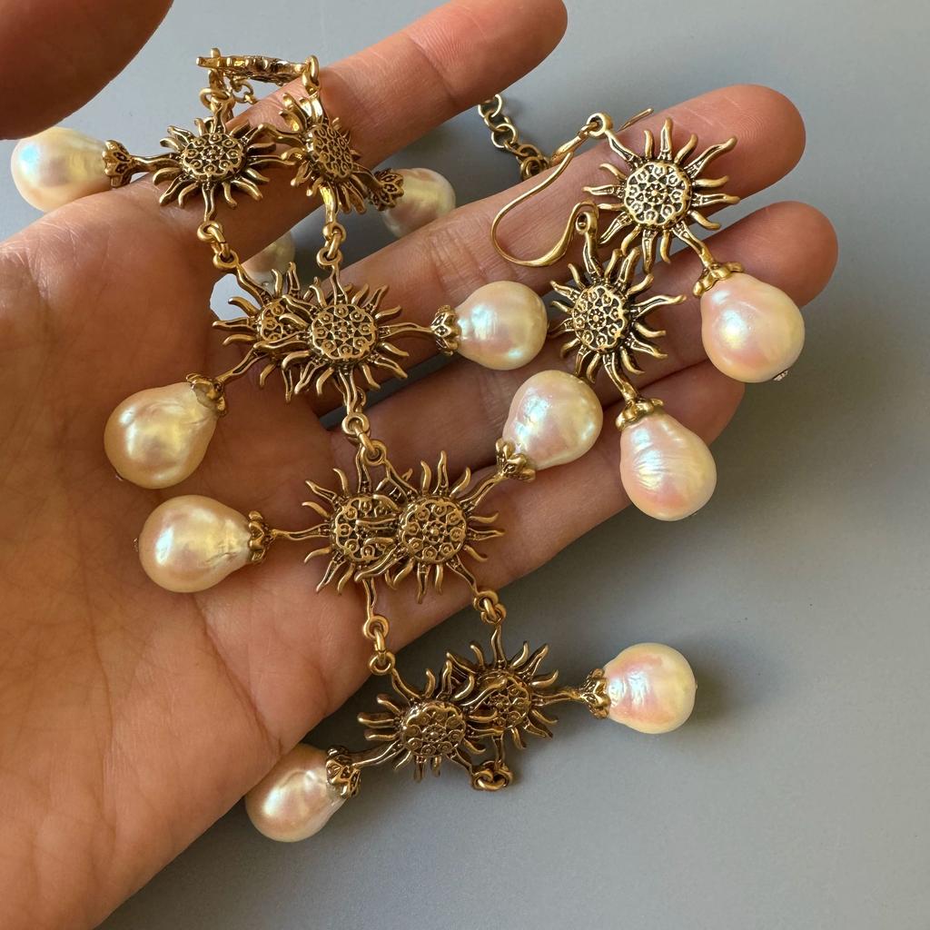 Vintage Baroque Irregular Glossy Bead Elegant Women Jewelry Set, Necklace and Ear Hook Earrings