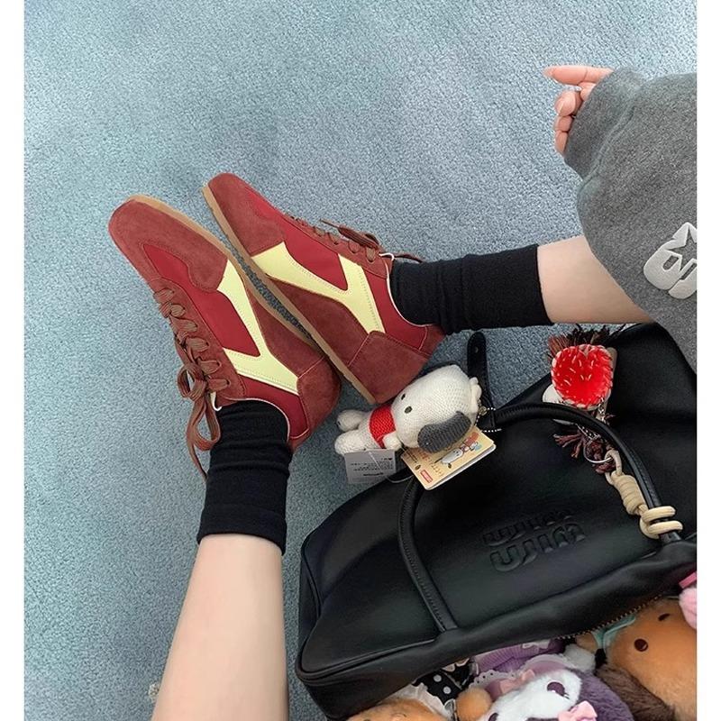 Korean Atmosphere~ Soft Leather Retro Inner Height Increase Color Matching German Training Shoes Women's Fashionable Casual Style Lace-up Forrest Gum