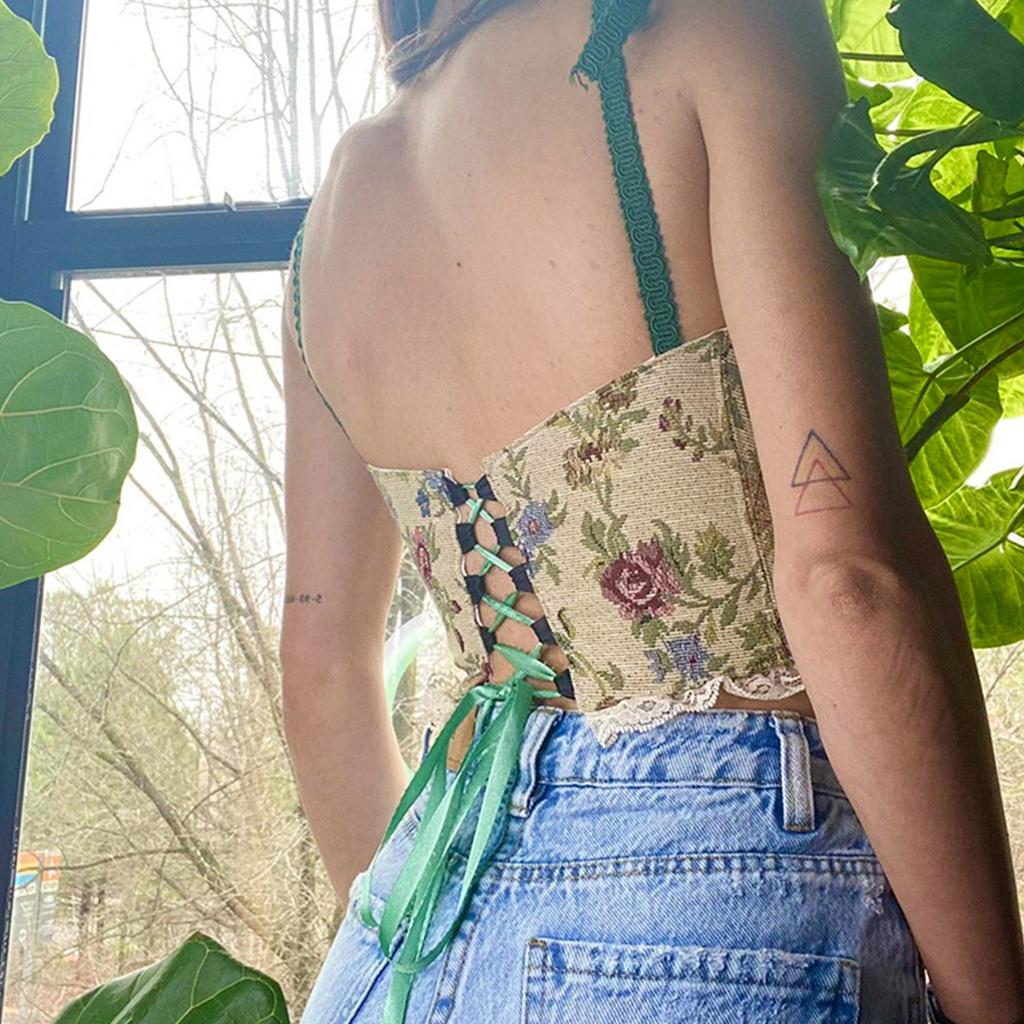 Floral Bustier Crop Top Corset With Straps Womens Camisole for Tank Tops Backless Bustier Lace Up Print Camisole Tops