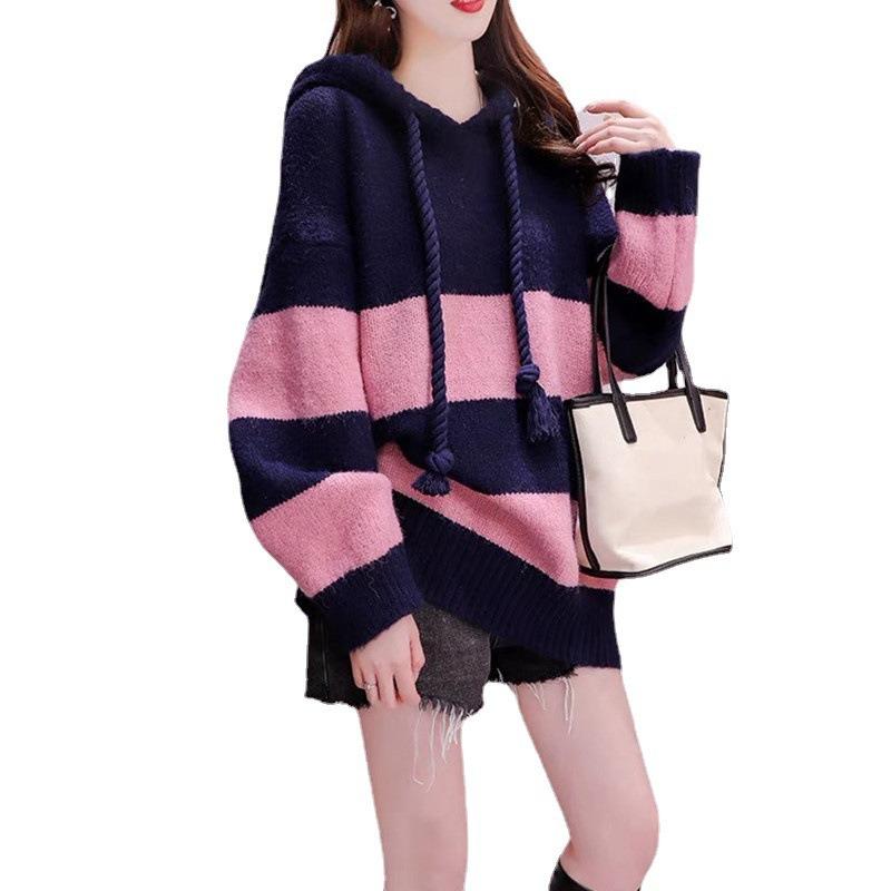 Loose Lazy Wind Hooded Sweater Women's New Autumn Loose Large Size Knitted Sweater Medium and Long Coat