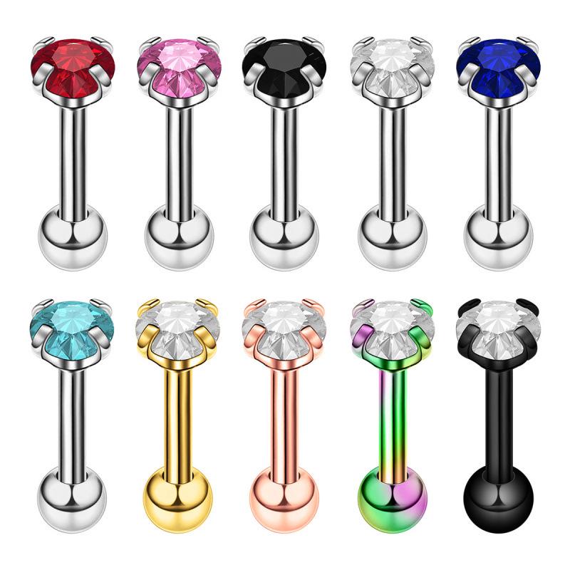 Stainless Steel Cubic Zirconia Stud Earrings - Round Four-Claw Cartilage Piercing Jewelry