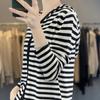 Women's Black & White Striped Hooded Knit Cardigan - Slim Fit, High Waist, Fine Wool, Long Sleeve, Spring/Autumn.