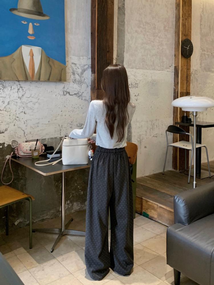 High-Waisted Petite Wool Blend Polka Dot Wide-Leg Pants - Dark Gray, Slimming, Versatile, Relaxed Feel.