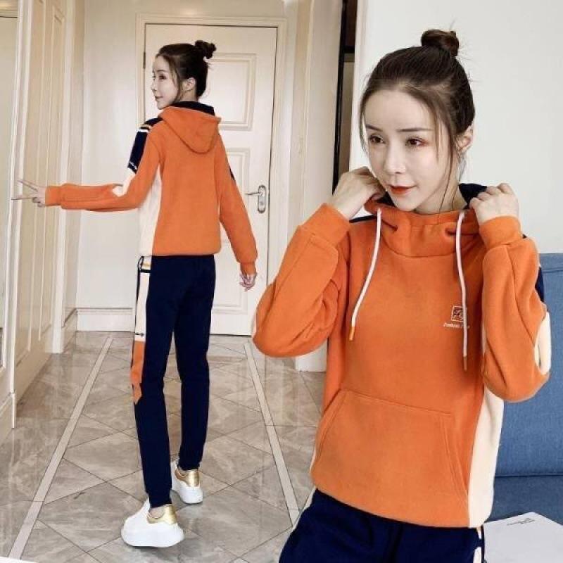 Thick Velvet Autumn and Winter Casual Sports Suit Women's Fashion Hooded Sweatshirt Two-piece Set