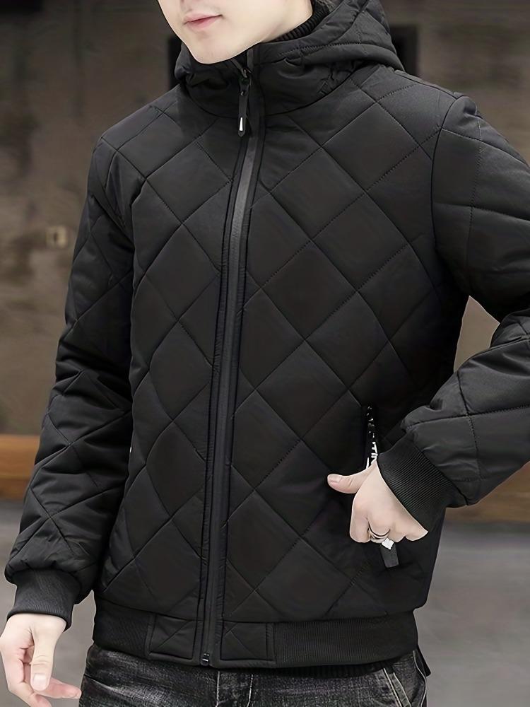 Men's Warm Quilted Hooded Jacket, Plush Winter Zip-Up Outerwear for Fall/Winter Outdoor Activities