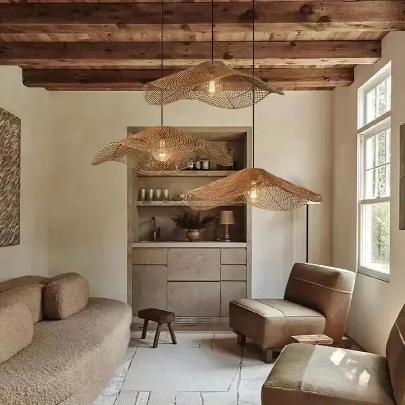 Japanese Retro Rattan Lamp Restaurant Chandelier Coffee Shop Restaurant Loft Home Decor Hanging Rattan Straw Hat Pendant Light