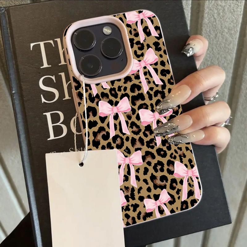 

Leopard Print Pink Bow Pattern Lychee Texture Phone Case For iPhone 17 16 15 14 13 12 11 Pro Max Plus 17 Air X XS XR Soft Cover iPhone 16e