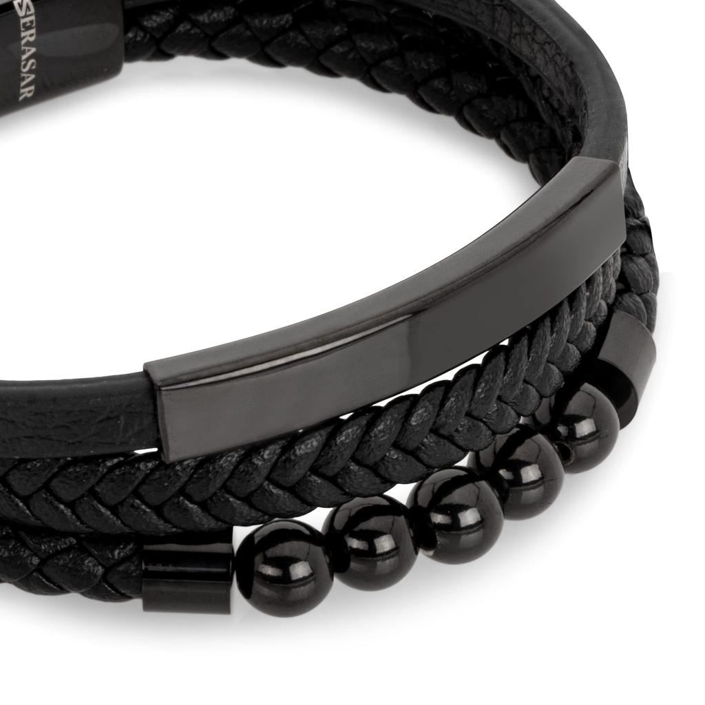 Bracelet Leather 23cm Black Bangle Arm Jewelry Chain Braided Wrap [SERASAR] Men's