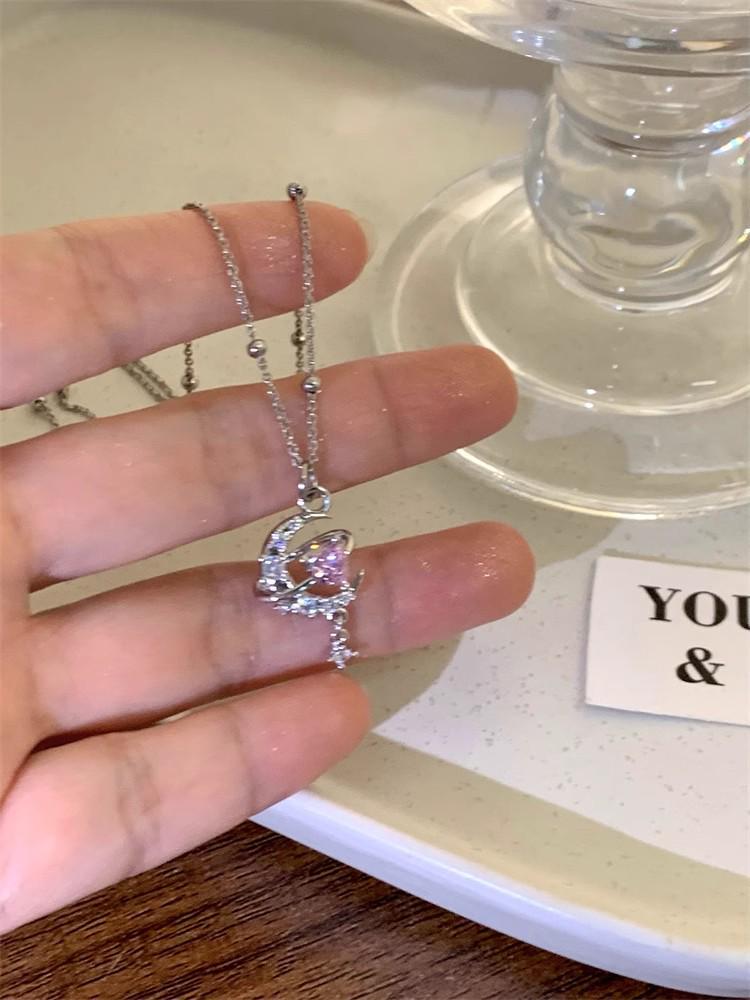 Moon Goddess Zircon Heart Pendant Necklace: Elegant Light Luxury Design, Sweet & Gentle Style Clavicle Chain for Women