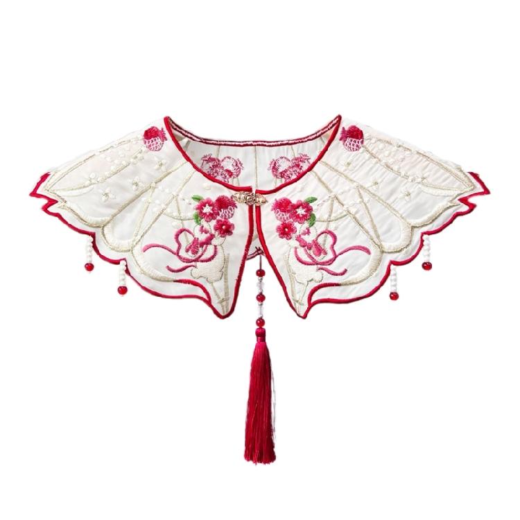 Chinesische Perlenquasten Falscher Kragen Vintage Stickerei Hase Blume Schal Schal