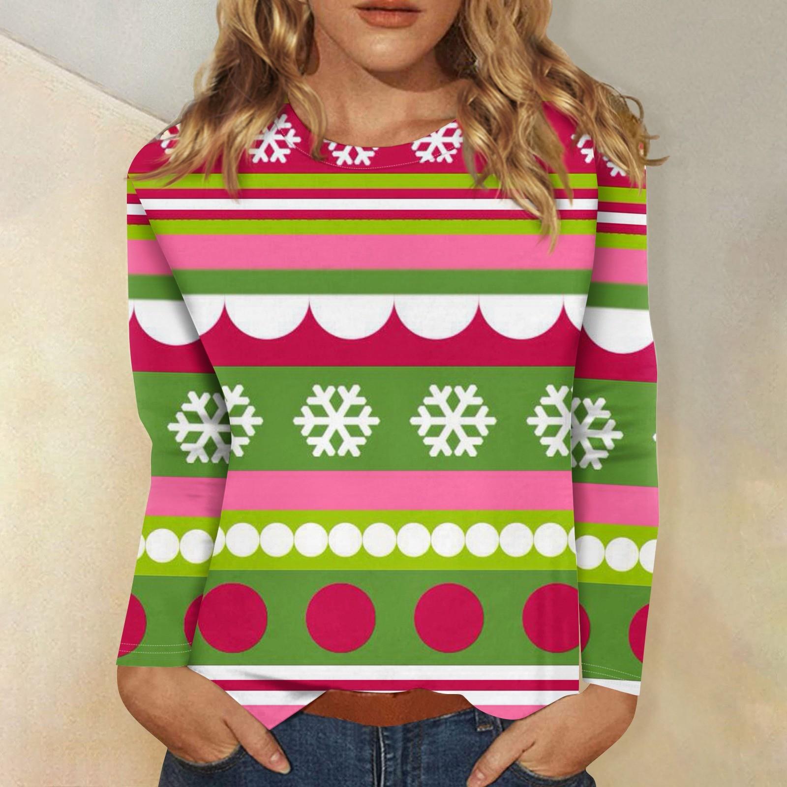 

Женская мода повседневная рождественская печать круглый вырез длинный рукав декоративная футболка топ L