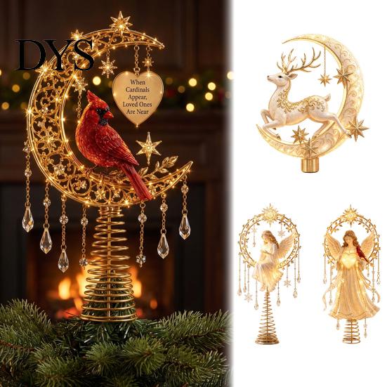 Dekoratives Mittelstück für Baum, beleuchteter Gedenk-Weihnachtsstern, Engel, Rotkehlchen, Rentier-Designs, Baumspitze Ornament Topper mit warmem Leuchten,