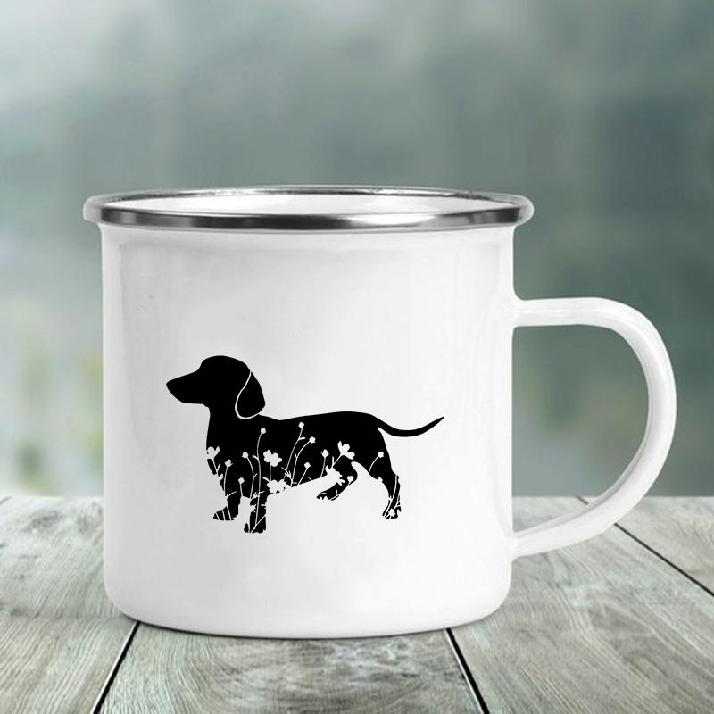 Emaille-Tasse mit Aufdruck „I Love Dackel“, kreatives Glas, für Kaffee, Getränke, Dessert, Milch, Tasse, Glas, Vintage, beheizbarer Griff, Trinkgeschirr, Geschenke