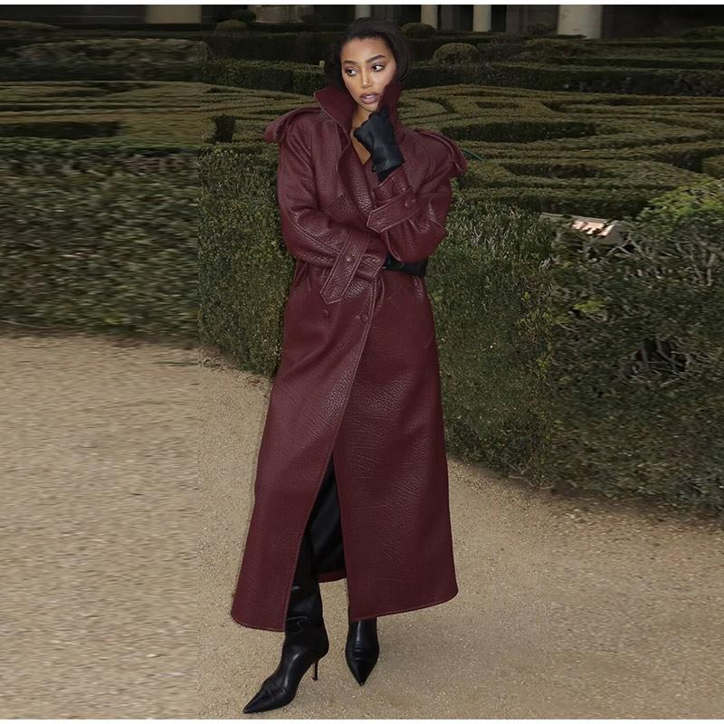 Street Vintage Long Leather Jacket Women Double Breasted Lapel Lace Up Full Sleeve Belt Jackets 2025 Spring Fashion Lady Outwear