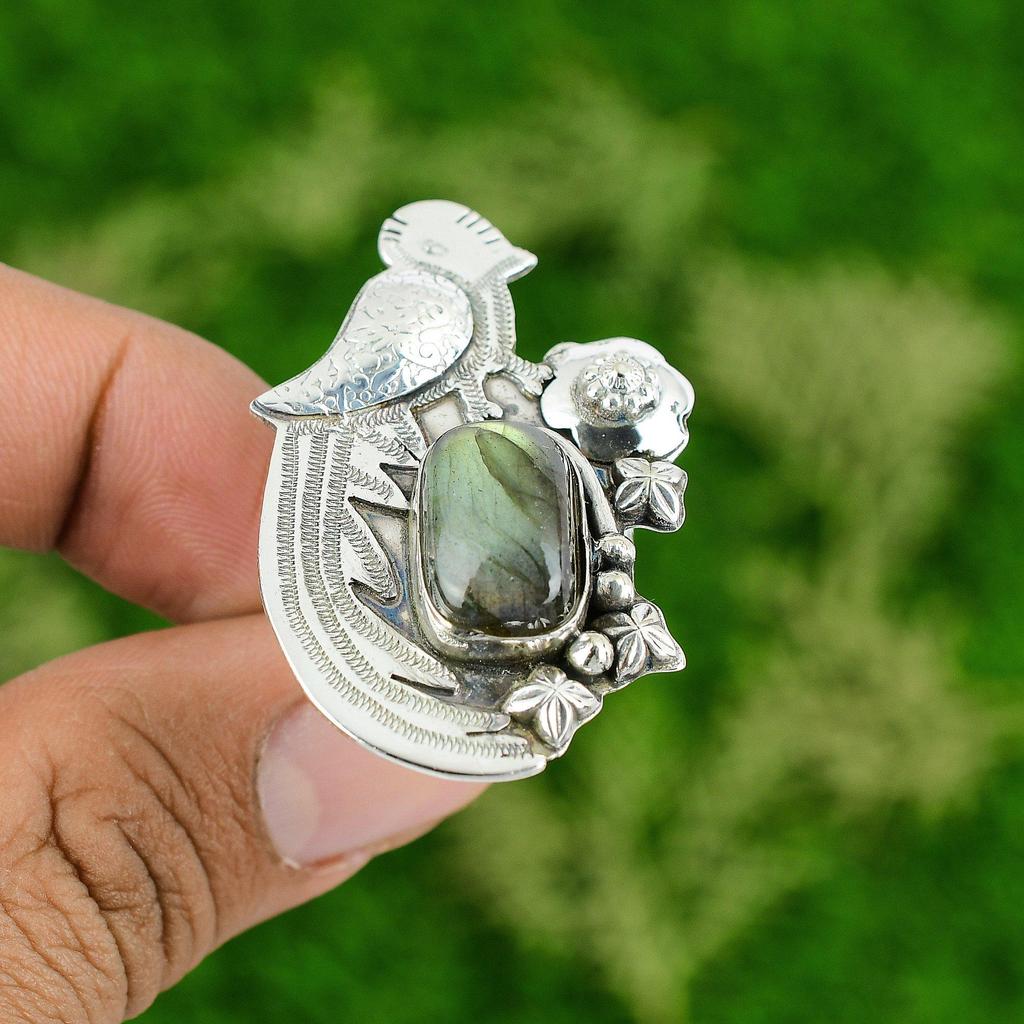 Gift For Her 925 Silver Natural Labradorite Multi Stone Bird Adjustable Ring