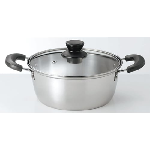 Kakusee Nilworka NW-04 Silver Two-Handled Pot, 20cm, Holds 2.6L Full, Rust-Resistant Stainless Steel with Glass Lid, Lightweight, Induction Compatible
