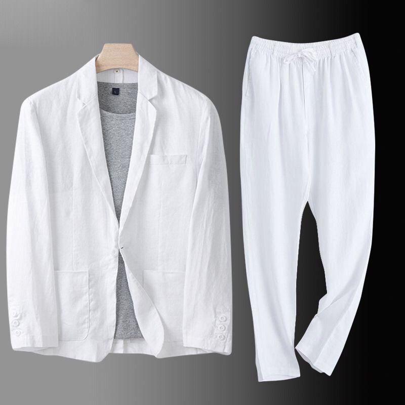 Frühling Herbst Mode Herren Leinen Zweiteiler Blazer Jacke + Hose Uni Slim Fit Lässig Business Dünne Kleidung Atmungsaktiver Anzug