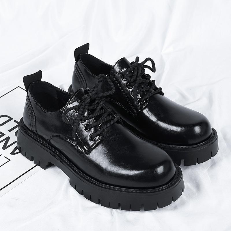 Black Leather Shoes Men's Platform Height Increase Retro Single Shoes Big Round Toe Men's Business Formal Round Scalp Shoes G2135