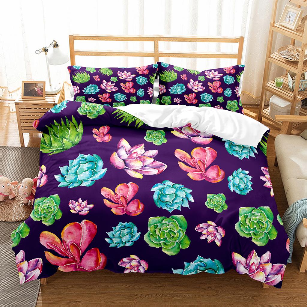 Succulent Plants Green Plant Duvet Cover Set Polyester Comforter Cover King Queen Full Size Bedding Set with Pillowcase for Teen