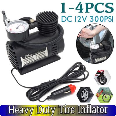 1-4PCS Heavy Duty Tire Inflator DC 12V 300PSI Mini Air Compressor with Gauge Auto Inflatable Pump Electric Compact Air Pump