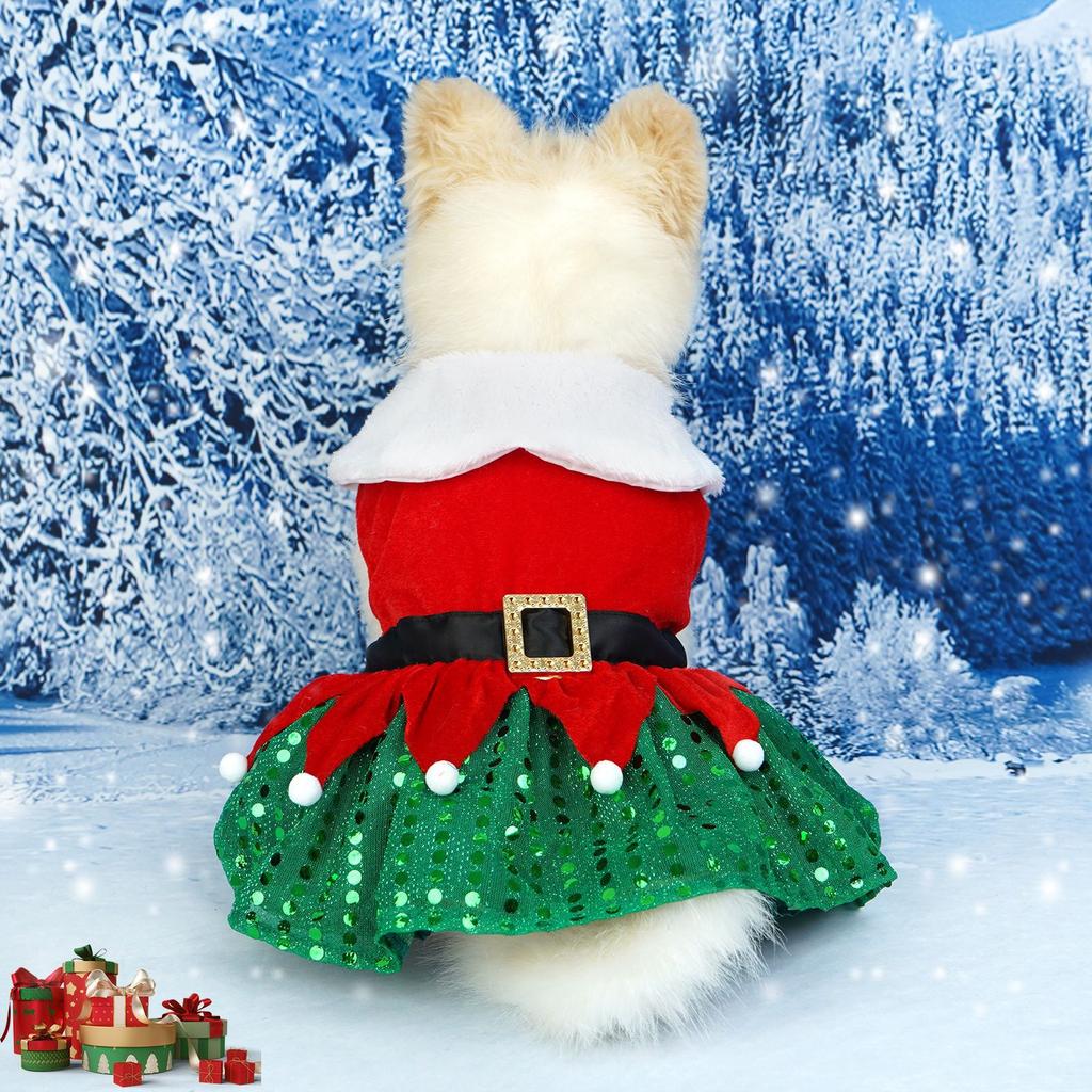 Christmas Dresses Fall Winter New Year Classic Red Belt Xmas Dog Clothes Puppy Outfit Chihuahua Yorkie Sequin Skirt Pet Clothes