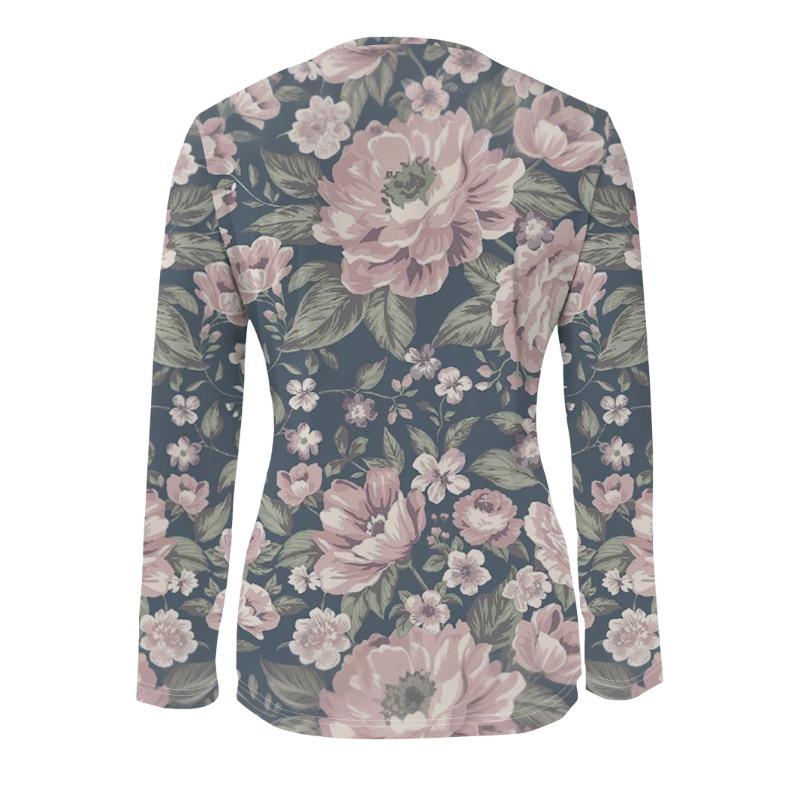 Women's Patchwork Zipper Top - Long-sleeved V-neck, Floral Print Decoration, Slim Design, Fashionable and Personalized, No Additional Accessories