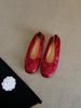 Sheepskin Retro Red Bow Ballet Flats - Women's Low-Cut Slip-On Square Toe Shoes
