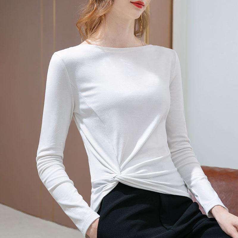 Long-sleeved T-shirt for Women In Spring and Autumn New Women's Clothing Irregular Hem Pleats Chic One-shoulder Solid Color Top