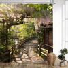 1 Stück Japanischer Garten Duschvorhang - Extra Langer Badezimmer-Fenstervorhang Mit Glyzinienblüten, Kieselsteinweg, Sonnenbeschienenes Grün