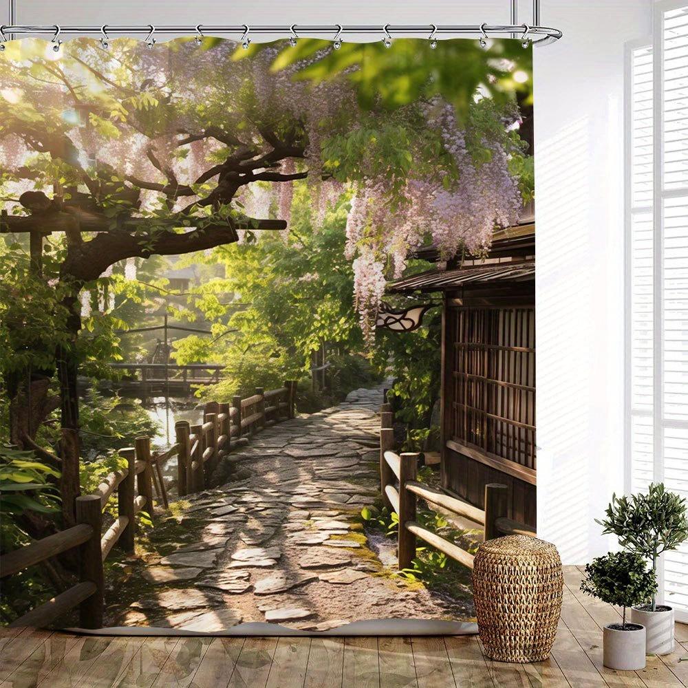 1 Stück Japanischer Garten Duschvorhang - Extra Langer Badezimmer-Fenstervorhang Mit Glyzinienblüten, Kieselsteinweg, Sonnenbeschienenes Grün