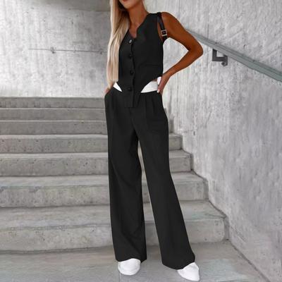 Damen Sommermode Casual Button Weste Hose Set Damenbekleidung