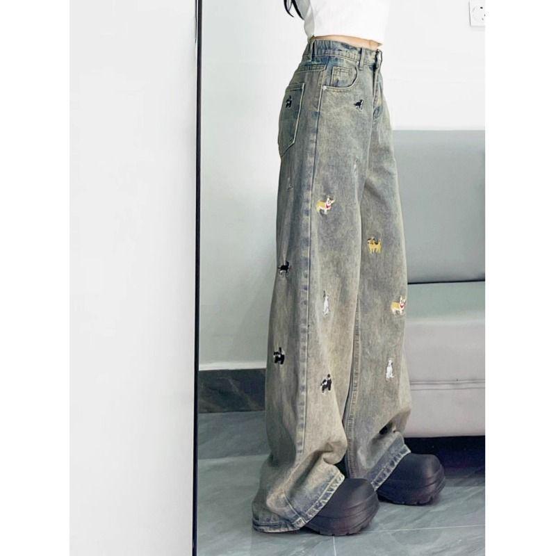 Women's Spring/Fall Loose Distressed Wide-Leg Jeans with Little Dog Embroidery