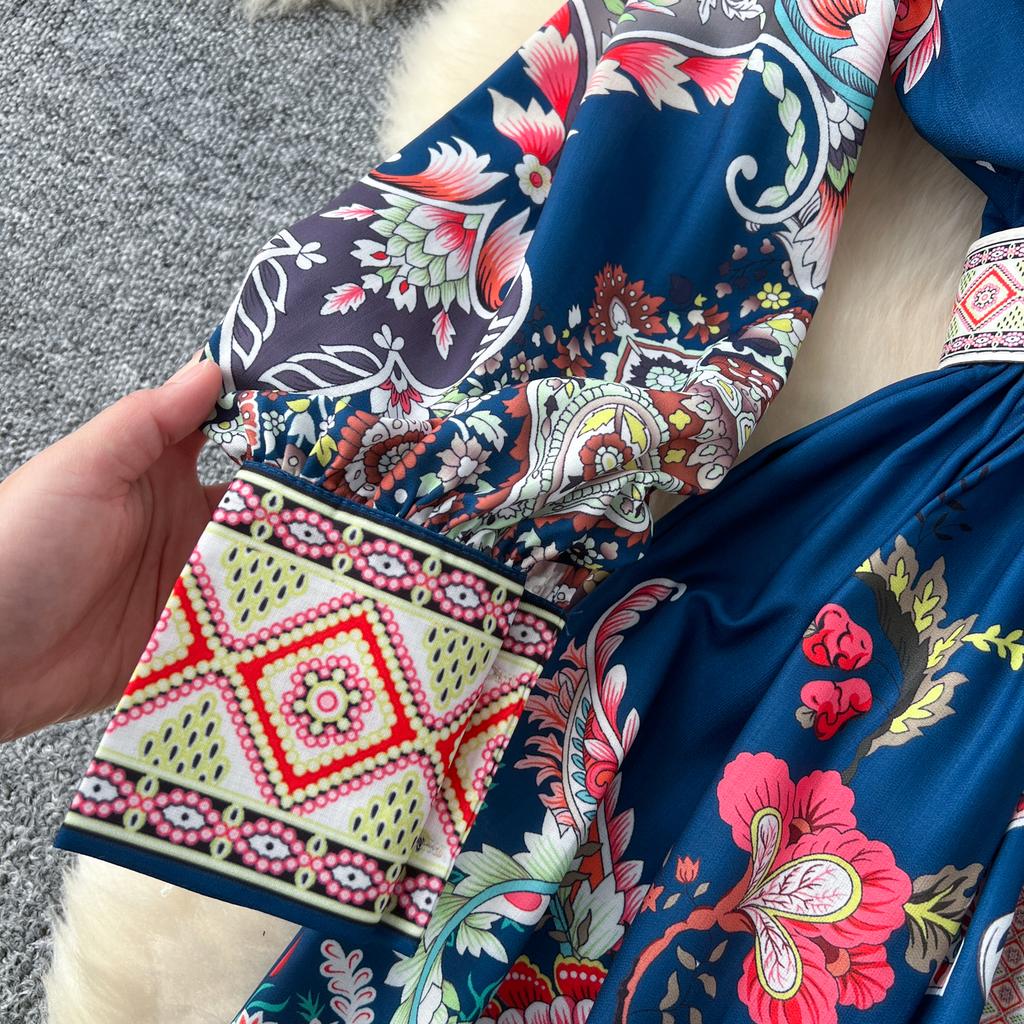 Frühling Herbst Damen Designer Runway Kleid Stehkragen Vintage Print Einreiher Urlaub Party Kleider mit Gürtel