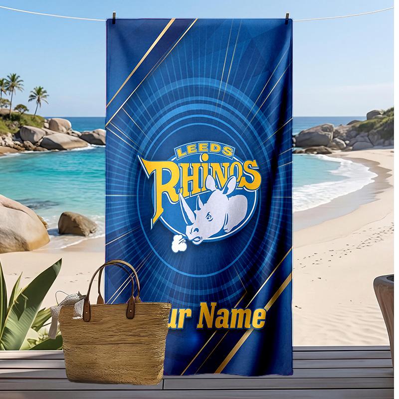 Asciugamano da Spiaggia Personalizzato Leeds Rhinos, Stampa il Tuo Nome Testo Asciugamano Leggero Assorbente per Nuoto Viaggio