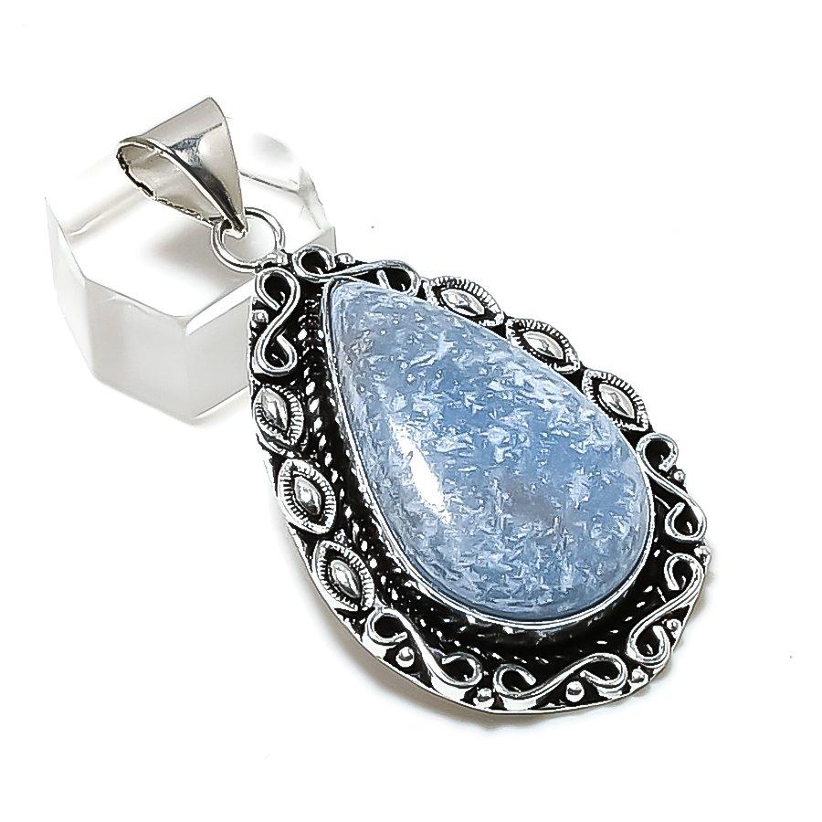 Natural Angelite Stone Gemstone 925 Sterling Silver Jewelry Pendant 2.25" ETC-14232