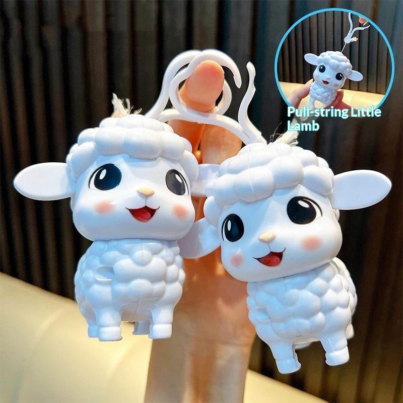 Cute White Lamb Pull String Keychain Movable Ears Lightweight Plush Bag Hanger Decor Fun Birthday Gifts for Boys Girls Kids