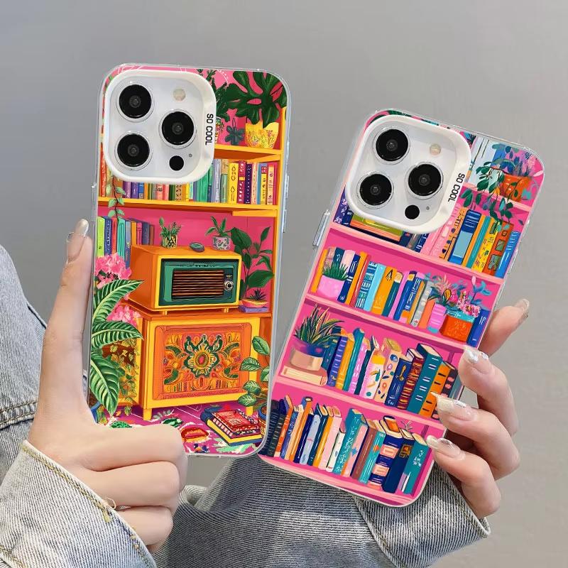 Art Bookshelf And Small Flowers Phone Case For iPhone 17 Pro Max 16 15 Pro 14 13 Mini 12 11 XR XS 17Air Plus Hard Matte Cover