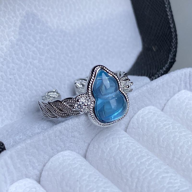 Sea Blue Gourd With Diamonds, Lace Open Ring, Niche Personality, Light Luxury, High-End Ring, Female.