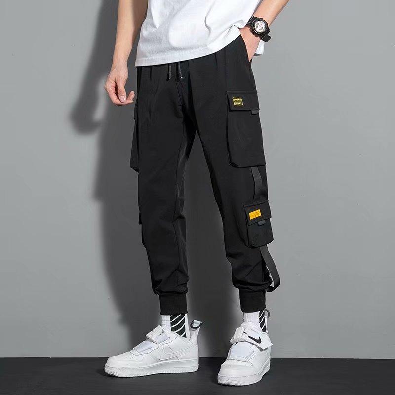 

Thin multi-pocket overalls men s tied feet Harlan nine-point pants M чёрный