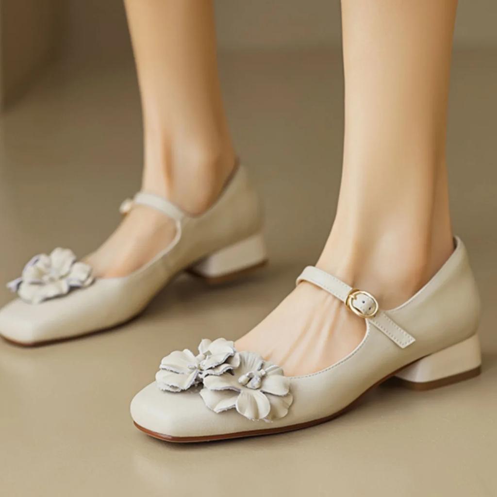 Fashion Ladies Spring Floral Mary Jones Shoes Elegant Low Heel Ladies Party Sweet Silver Beige Heels